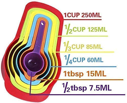 Colorful plastic measuring cups and spoons set for baking, includes 6-piece rainbow kitchen tool set with handles.