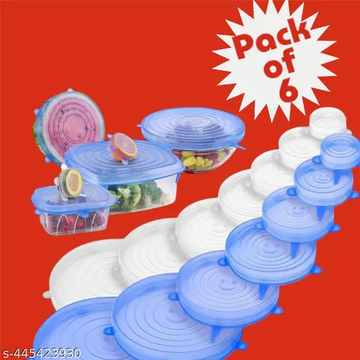 Set of six multicolor silicone stretch lids for bowls, reusable, dishwasher and freezer safe, food sealing covers from 19357.
