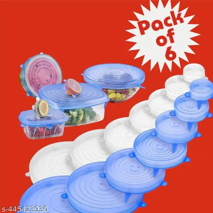 Set of six multicolor silicone stretch lids for bowls, reusable, dishwasher and freezer safe, food sealing covers from 19357.