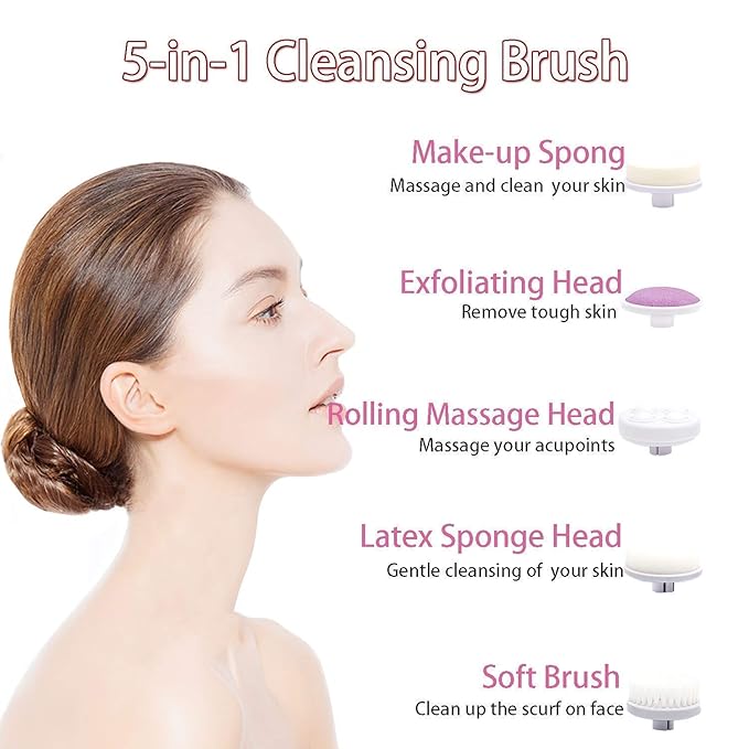 Portable electric facial cleansing brush with five spin heads for acne, blackheads, and dead skin removal, ideal for all skin types.