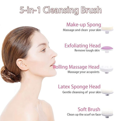 Portable electric facial cleansing brush with five spin heads for acne, blackheads, and dead skin removal, ideal for all skin types.