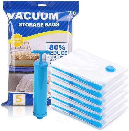 Set of 5 reusable ziplock vacuum storage pouches by 18057 with travel pump, in various sizes for clothes storage.