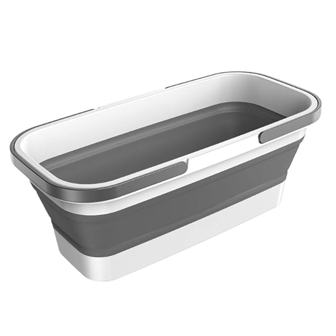 Lightweight collapsible plastic bucket with wheels, ideal for cleaning, camping, and RV use, featuring a rectangular design and portable handle.