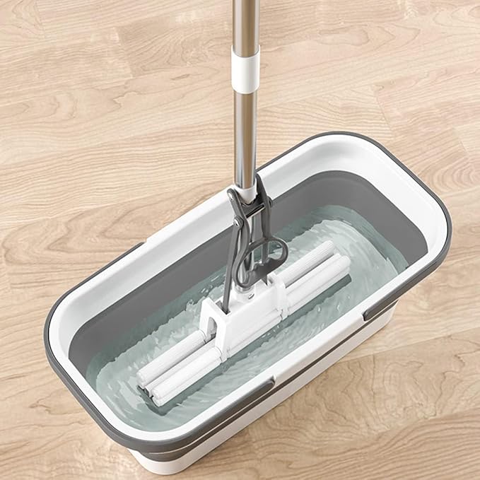 Lightweight collapsible plastic bucket with wheels, ideal for cleaning, camping, and RV use, featuring a rectangular design with a handle.