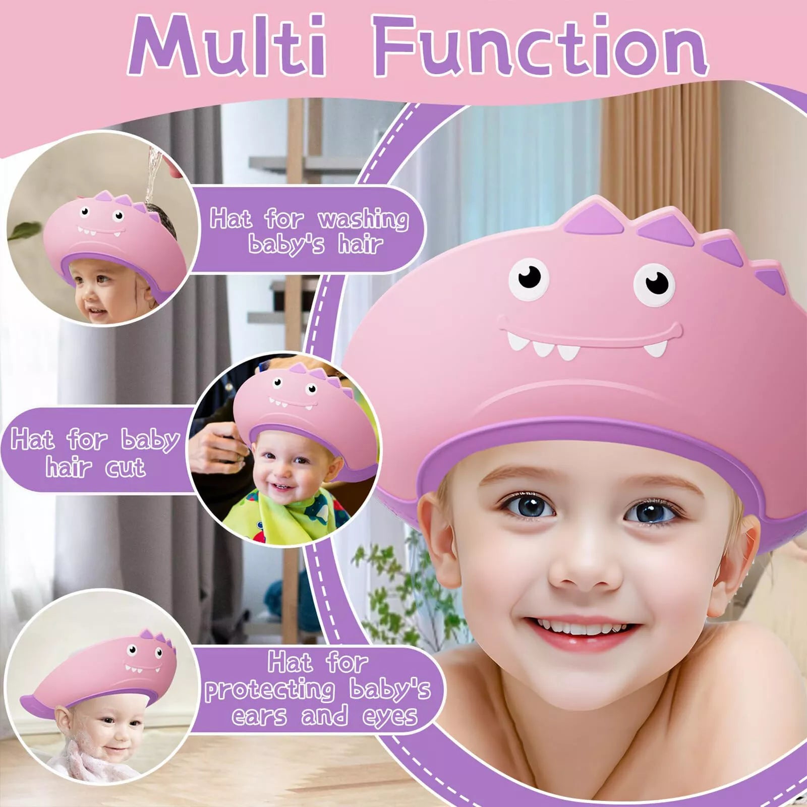 Multicolor soft adjustable shower cap for toddlers and kids, designed for safe shampooing and bathing protection.