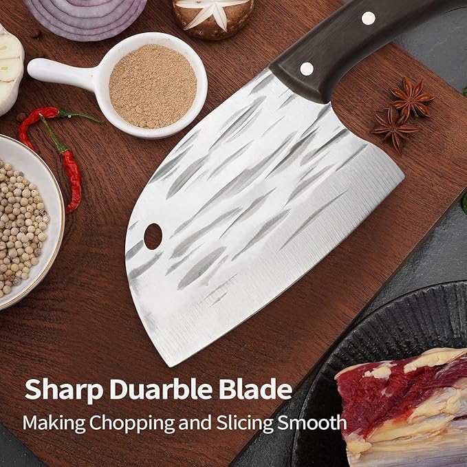 6-inch blade meat cleaver knife with wooden handle, ideal for butchering and outdoor cooking, from 19384 kitchen knife collection.