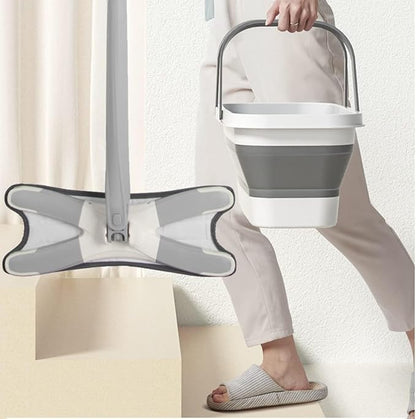 Lightweight plastic collapsible bucket with wheels, rectangular design, ideal for cleaning, camping, and RV use.