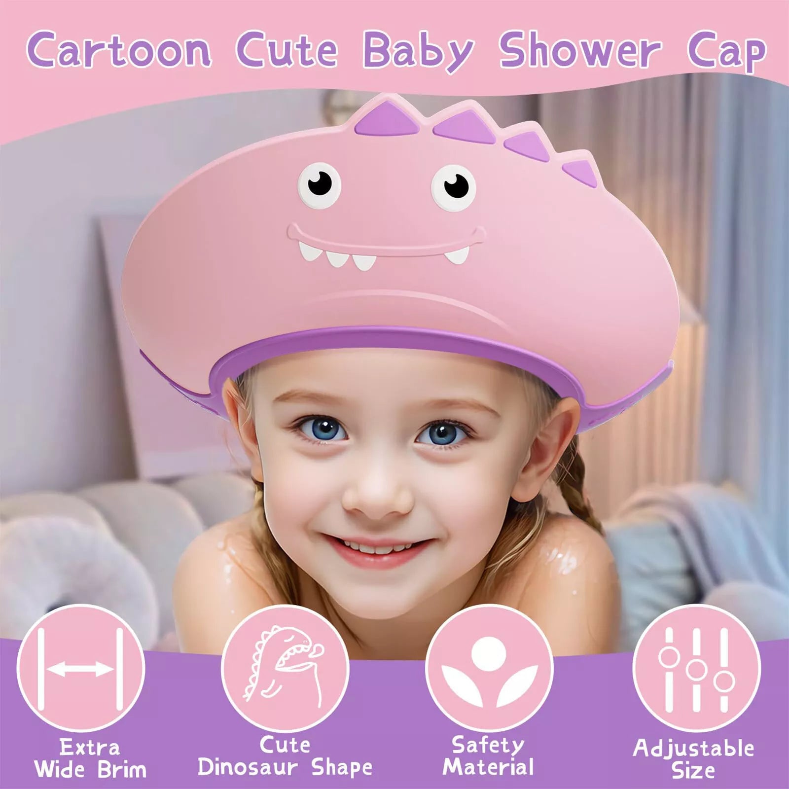 Colorful soft adjustable toddler shower cap with waterproof design, perfect for protecting kids during baths and shampooing.