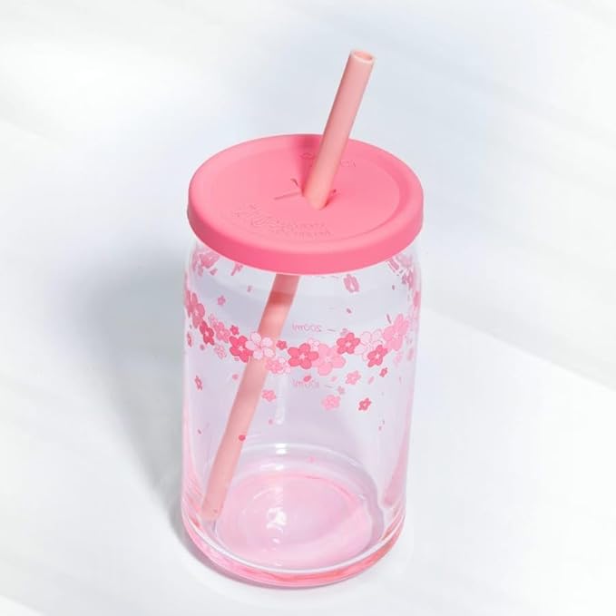 Pink flower glass cup with wooden lid and glass straw, 400ML iced coffee or smoothie drinking vessel, beer-shaped water and juice glass.