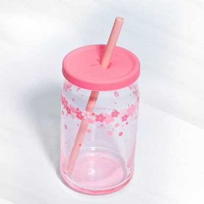 Pink flower glass cup with wooden lid and glass straw, 400ML iced coffee or smoothie drinking vessel, beer-shaped water and juice glass.