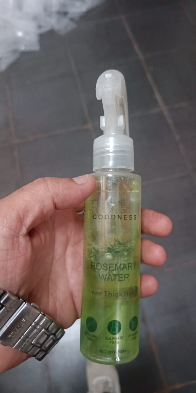 Goodness Rosemery Water from 5912 for stretch marks and scars, shown in a clear bottle with a natural, soothing appearance.
