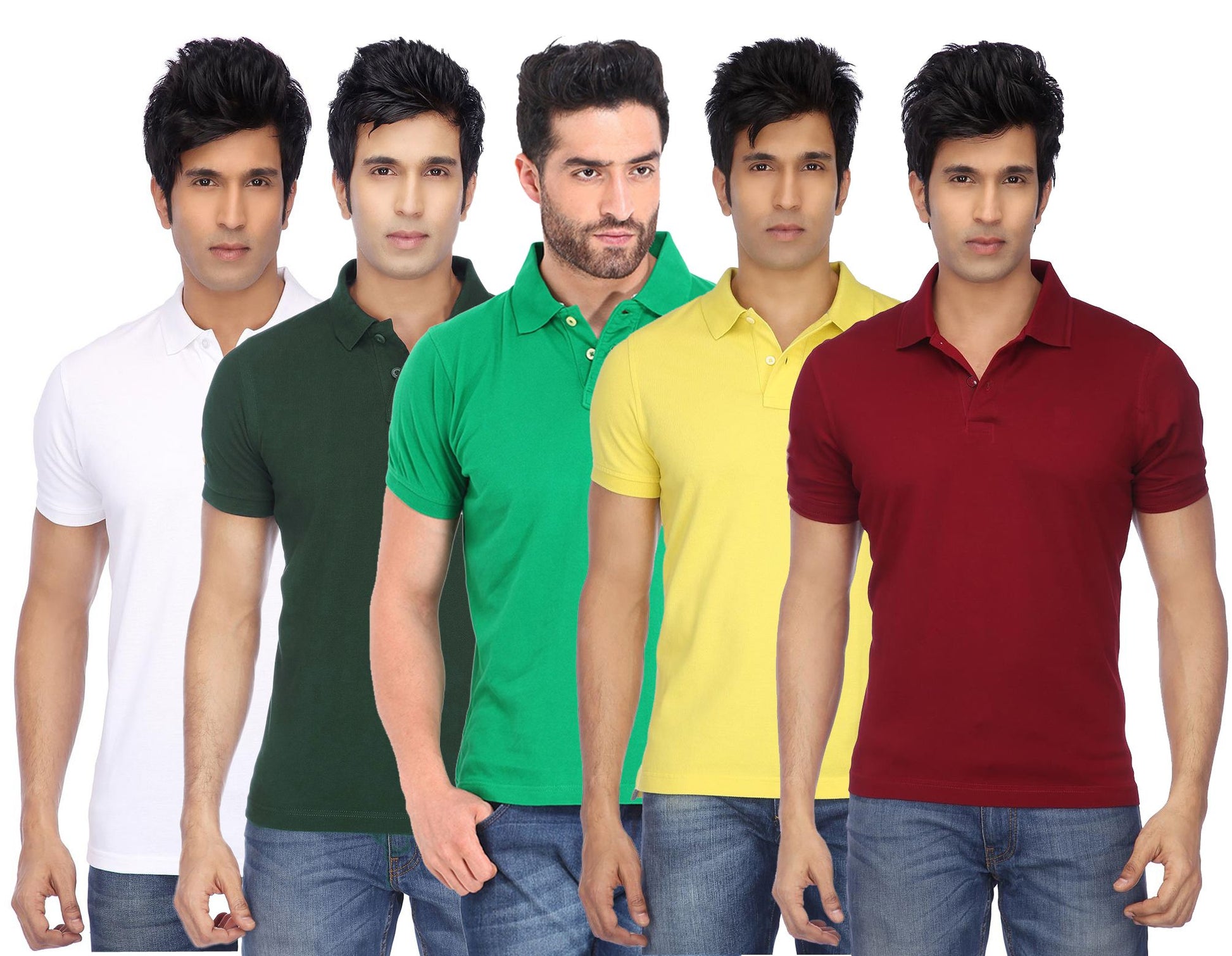 Set of five men's Ketex cotton blend half-sleeve polo T-shirts in assorted colors, featuring classic collar and button placket.