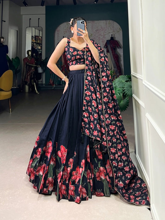 Elegant women's Lehenga Choli with traditional embroidery and sparkling embellishments, featuring vibrant colors and intricate details.