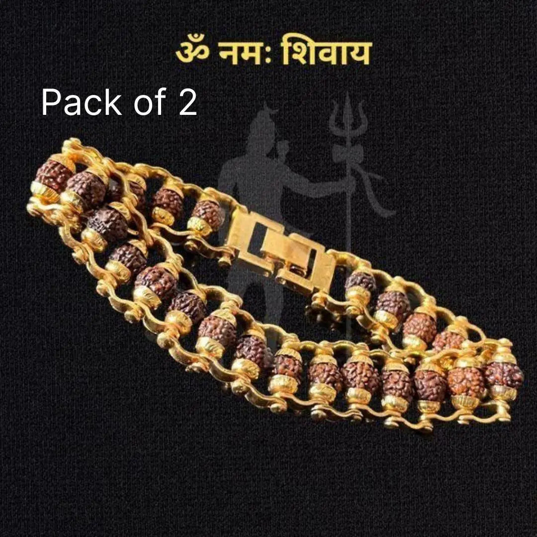 Genuine Paanch Mukhi Rudraksha bracelet with gold plating, modern design, shown in a pack of two, used as pooja articles.