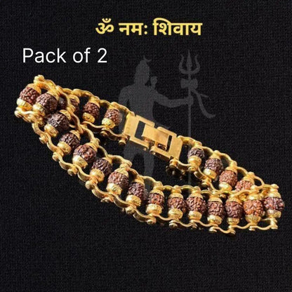 Genuine Paanch Mukhi Rudraksha bracelet with gold plating, modern design, shown in a pack of two, used as pooja articles.