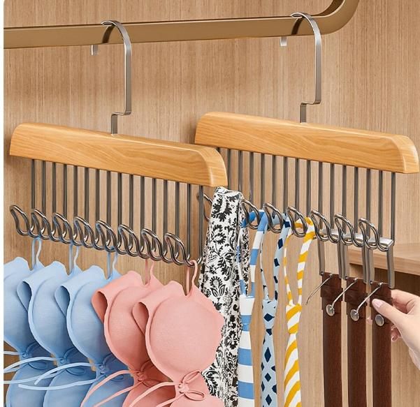 Set of two multifunctional wooden kitchen hangers with metal hooks, ideal for organizing utensils and cookware.