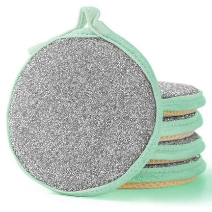 Set of five 2-in-1 stainless steel kitchen scrubbers with sponges, versatile cleaning tools for cookware and dishes.