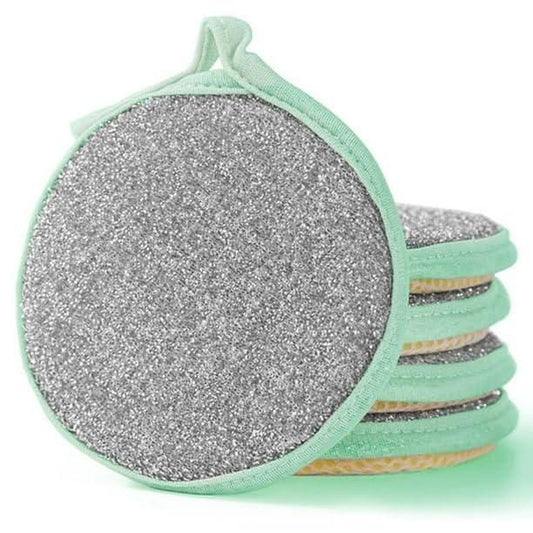 Set of five 2-in-1 stainless steel kitchen scrubbers with sponges, versatile cleaning tools for cookware and dishes.