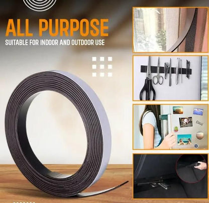 Flexible 2mm self-adhesive magnetic tape from 19378, shown in a kitchen tool setup, with rubber magnet strip and adhesive backing.
