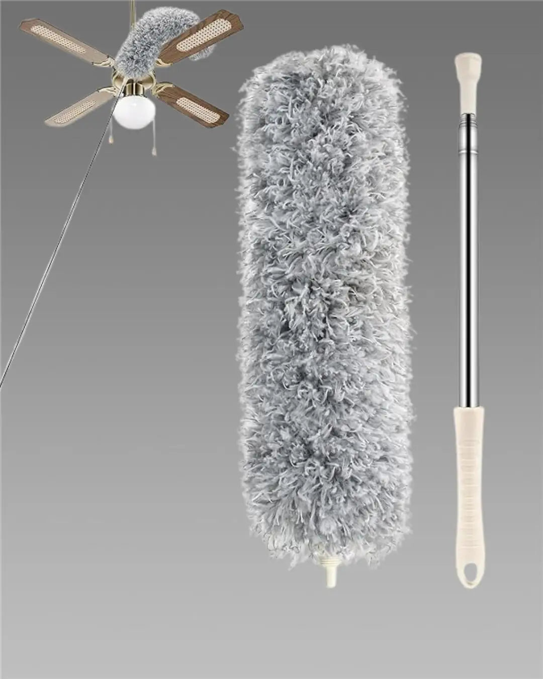 Microfiber duster with telescopic long pole and bendable head, scratch-resistant cover for kitchen cleaning tasks.