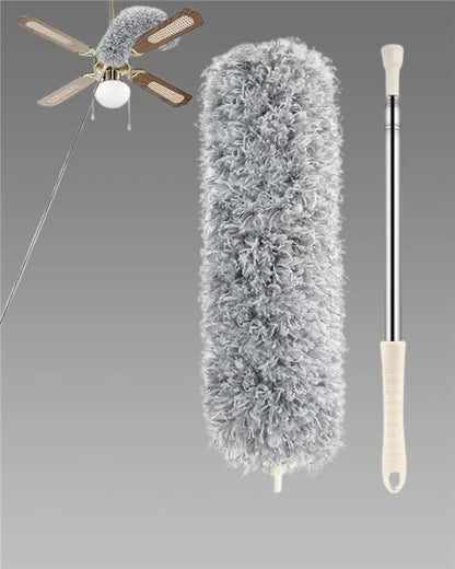 Microfiber duster with telescopic long pole and bendable head, scratch-resistant cover for kitchen cleaning tasks.