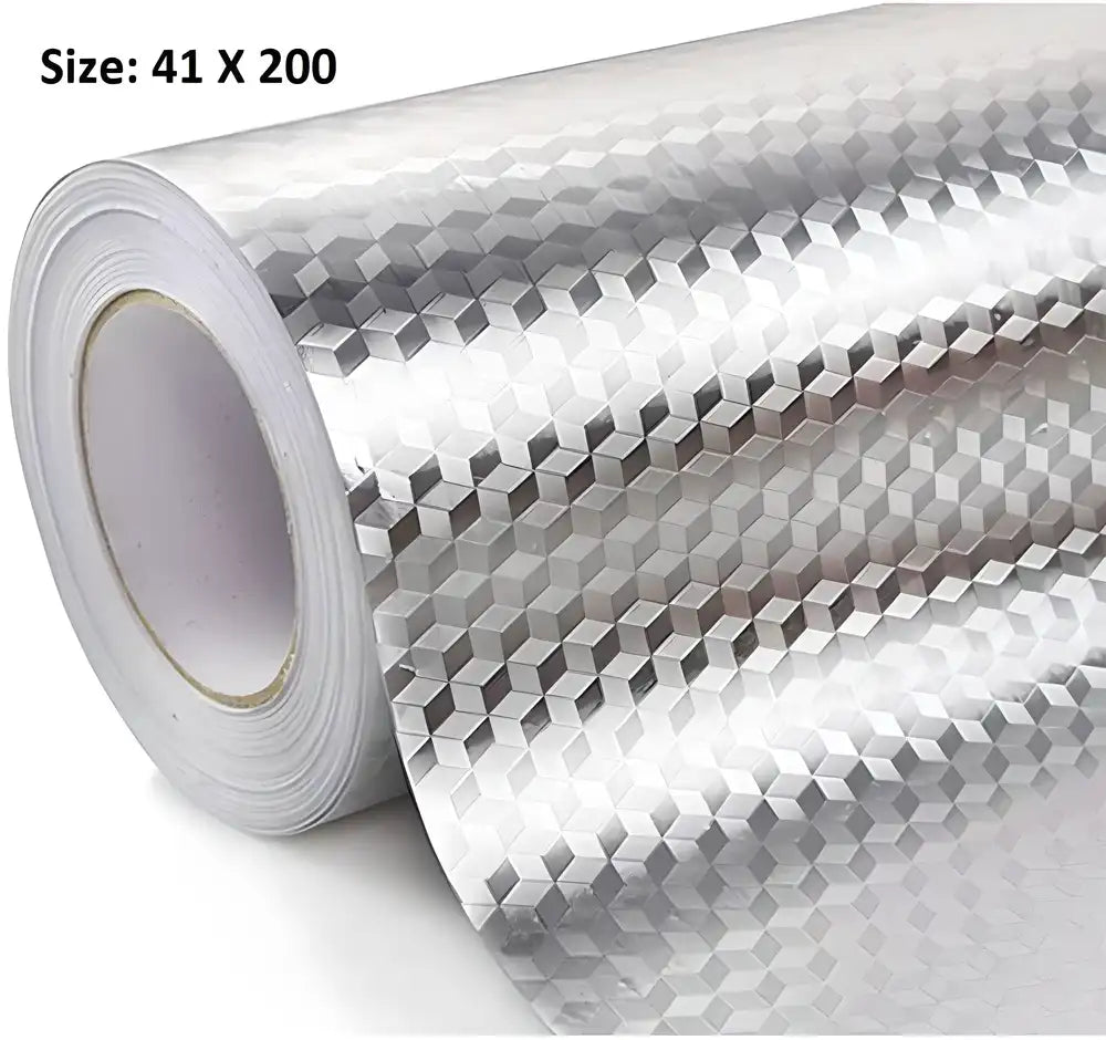 Two rolls of aluminum foil backsplash stickers from 19378, ideal for kitchen decor, showcasing shiny, textured kitchen tool set.
