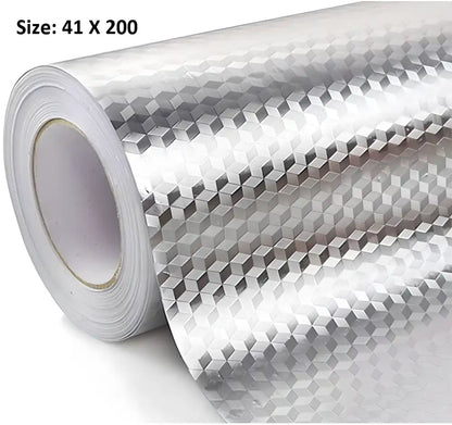 Two rolls of aluminum foil backsplash stickers from 19378, ideal for kitchen decor, showcasing shiny, textured kitchen tool set.