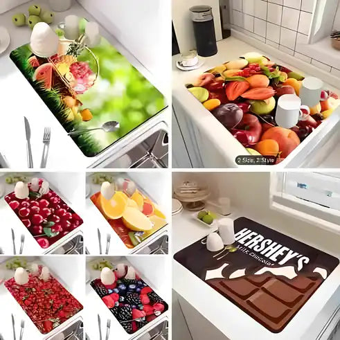 Set of two lightweight, washable, quick-drying kitchen mats in assorted colors, ideal for kitchen use and easy to clean.