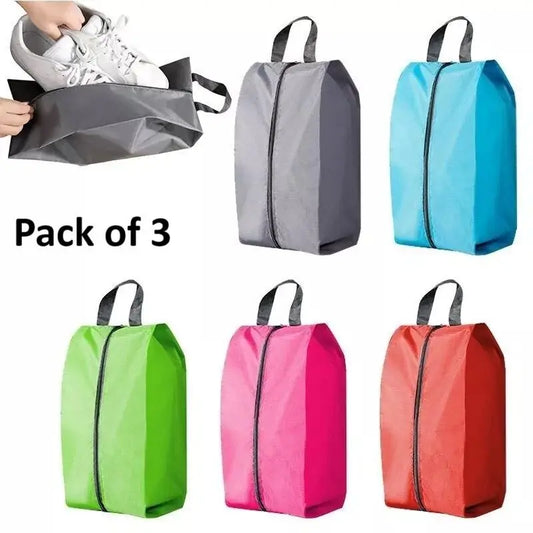 Set of three portable shoe storage bags in assorted colors, ideal for organizing shoes in kitchen or travel use.