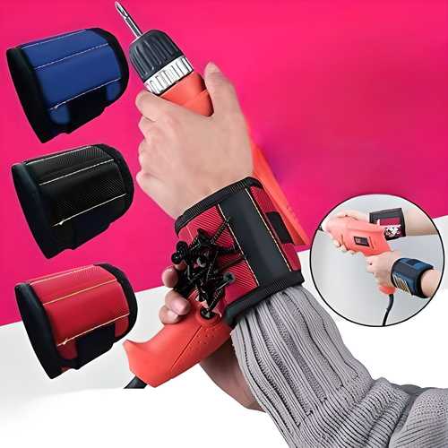 Magnetic wrist band for holding small metal tools and accessories, powered tool accessory by brand 19378, with metal studs.