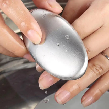 Stainless steel soap odor remover hand bar from 19378 kitchen tool set, used for eliminating strong odors from hands.