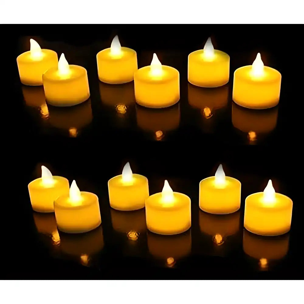 Pack of six yellow LED tea light candles for Diwali home decoration, eco-friendly LED diya lights for festive decor.