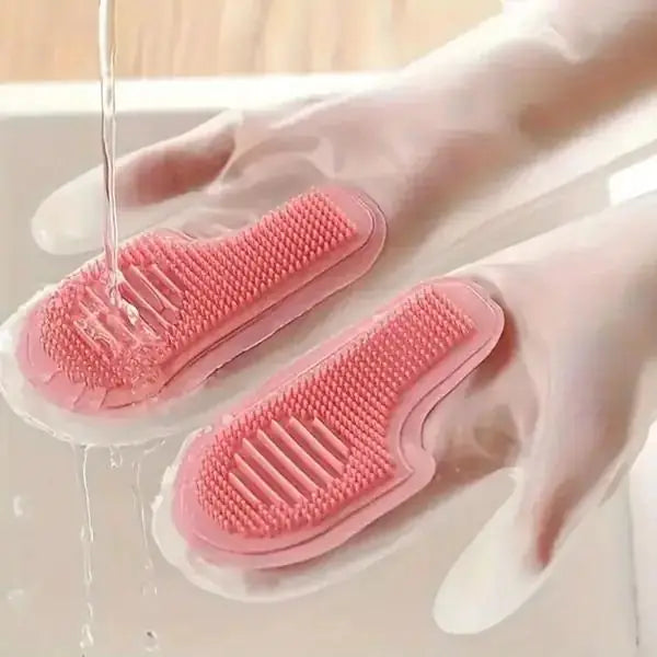 Pair of silicone dishwashing gloves from 19378 kitchen tool set, showing textured exterior for scrubbing and flexible fit.