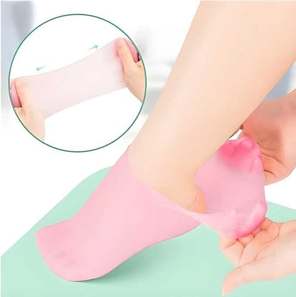 Silicone gel heel socks with anti-slip grip designed to soothe dry, cracked heels and improve skin hydration.