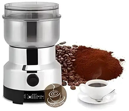 Household electric cereal and grain grinder from 19378, part of kitchen tool set, with stainless steel blades and compact design.