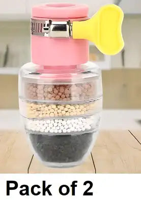 Set of two 19378 faucet filters with six-layer activated carbon for kitchen water purification, in assorted colors.