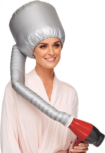 Hooded hair dryer diffuser cap for curly hair, speeds up drying, branded 19378, shown on a model with curly hair.