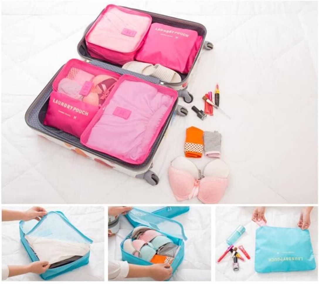 Set of 6 19378 travel packing cubes in various sizes, organized inside a suitcase for efficient travel storage.