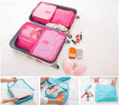 Set of 6 19378 travel packing cubes in various sizes, organized inside a suitcase for efficient travel storage.