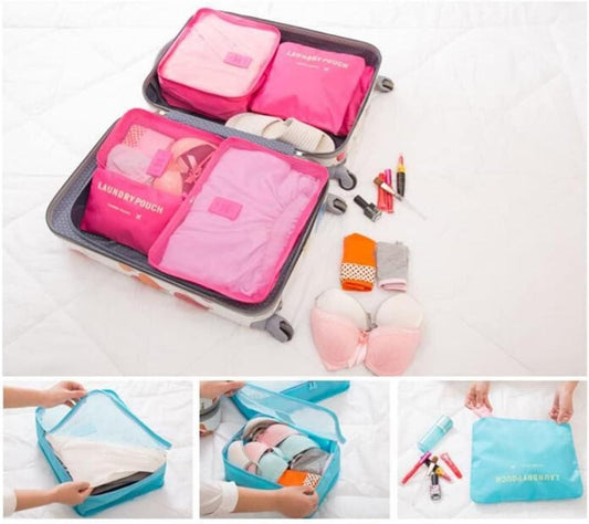 Set of 6 19378 travel packing cubes in various sizes, organized inside a suitcase for efficient travel storage.
