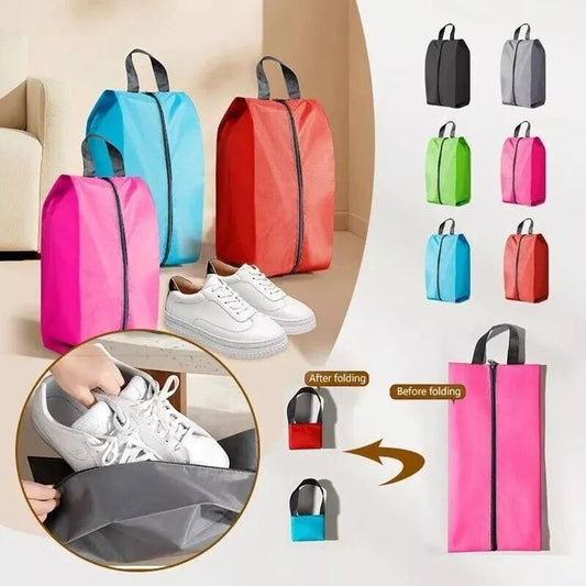 Set of three portable shoe storage bags in assorted colors, perfect for organizing shoes and kitchen tools.
