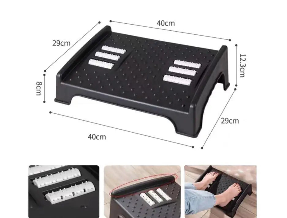 Foot rest for under desk with massage particles and roller, designed to improve comfort and support during work.