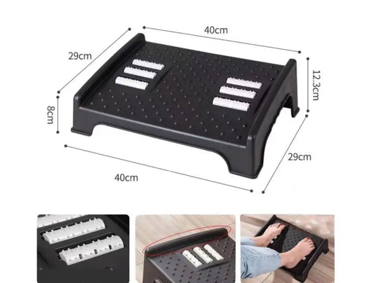 Foot rest for under desk with massage particles and roller, designed to improve comfort and support during work.