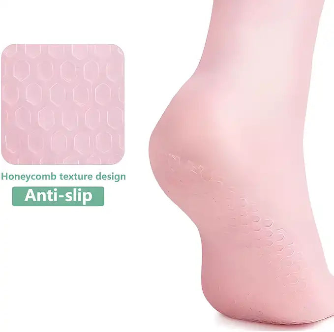 Silicone gel heel socks with anti-slip grip designed for dry, cracked heels to provide moisturizing and comfort.