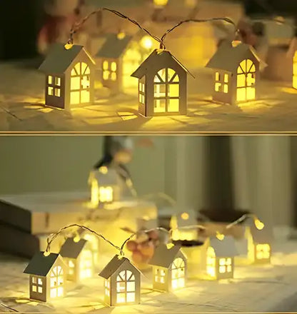 White home string lights for Diwali decorations, featuring 19378 brand festive LED lights hanging in a cozy setting.