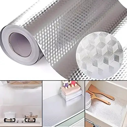 Kitchen foil sticker set with aluminum foil backsplash stickers, 2 meters long, 2 rolls, ideal for kitchen decor and protection.