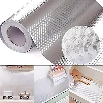 Kitchen foil sticker set with aluminum foil backsplash stickers, 2 meters long, 2 rolls, ideal for kitchen decor and protection.