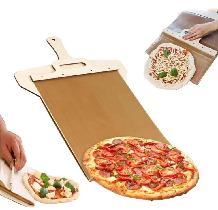 Wooden pizza paddle with smooth handle from kitchen tool set, ideal for transferring pizza crust.
