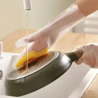 Pair of 19378 silicone dishwashing gloves, flexible kitchen tool set for cleaning dishes and cookware, bright yellow color.