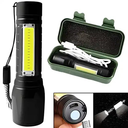 Pocket-sized portable XPE and COB LED tactical flashlight, compact and versatile for outdoor and emergency use.